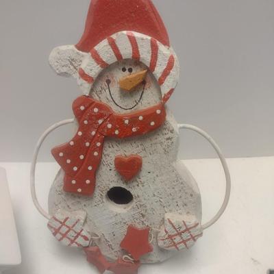 Set of Three Bird Houses Includes Ceramic House, Wood Snowman, and Cut Metal Hand Painted