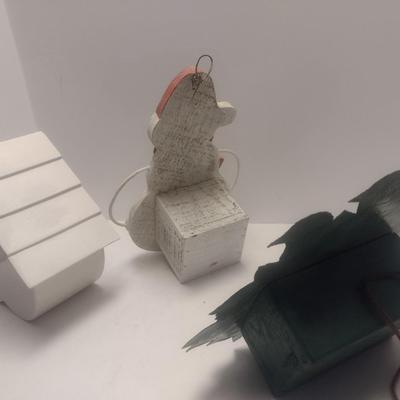 Set of Three Bird Houses Includes Ceramic House, Wood Snowman, and Cut Metal Hand Painted