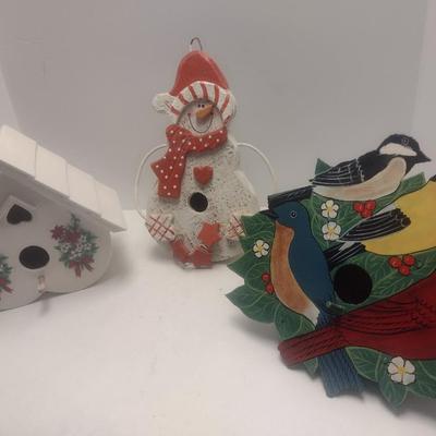 Set of Three Bird Houses Includes Ceramic House, Wood Snowman, and Cut Metal Hand Painted