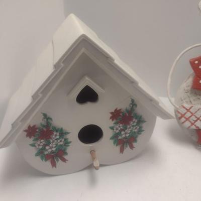 Set of Three Bird Houses Includes Ceramic House, Wood Snowman, and Cut Metal Hand Painted