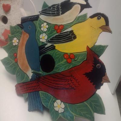 Set of Three Bird Houses Includes Ceramic House, Wood Snowman, and Cut Metal Hand Painted