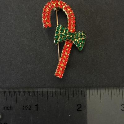 Beautiful, vintage, rhinestone candy, cane, brooch