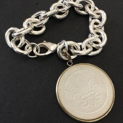 Vintage leather pendant, charm Silvertone bracelet