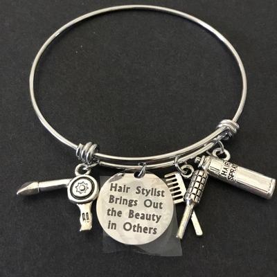 Stainless steel hairstylist, charm, expandable bracelet