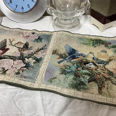 Ingraham Clock, Bird Runner, ceramic vase w/faux florals, and 3 glass pieces