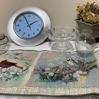 Ingraham Clock, Bird Runner, ceramic vase w/faux florals, and 3 glass pieces