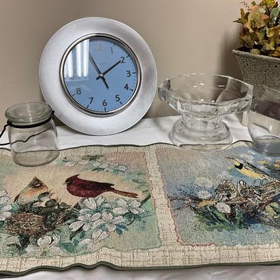 Ingraham Clock, Bird Runner, ceramic vase w/faux florals, and 3 glass pieces