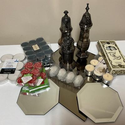 3 Silver plated Potpourri containers, 3 glass mirror plates, and lots of tea candles