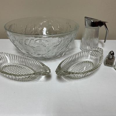 Large Glass Bowl, Sugar pourer made in Germany, 2 glass dishes, small salt and pepper shaker