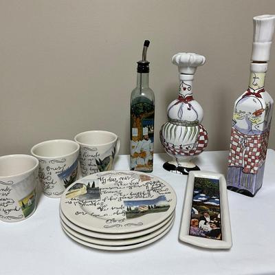 Fun Kitchen Items, Peopple oil dispensors, 3 Italian country side mugs and plates and spoon rest