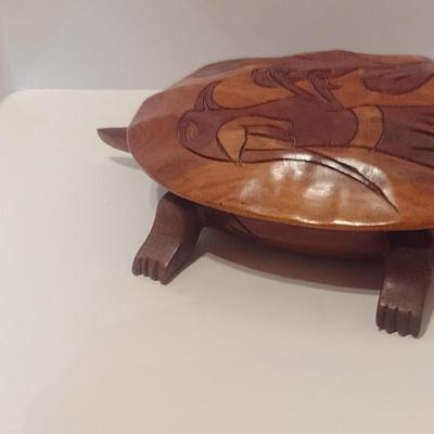 Large Wood Carved Sea Turtle with Ocean Life Designs on Outside and Inside of the Shell