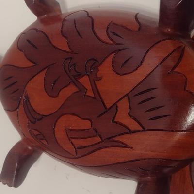 Large Wood Carved Sea Turtle with Ocean Life Designs on Outside and Inside of the Shell