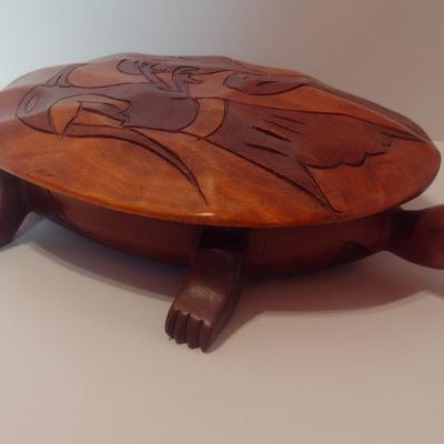 Large Wood Carved Sea Turtle with Ocean Life Designs on Outside and Inside of the Shell