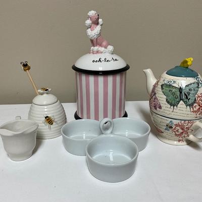 Poodle cookie jar, honey bee dish, Tea Pot/Cup, 3 tray dish, cream poorer