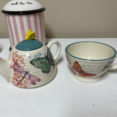 Poodle cookie jar, honey bee dish, Tea Pot/Cup, 3 tray dish, cream poorer