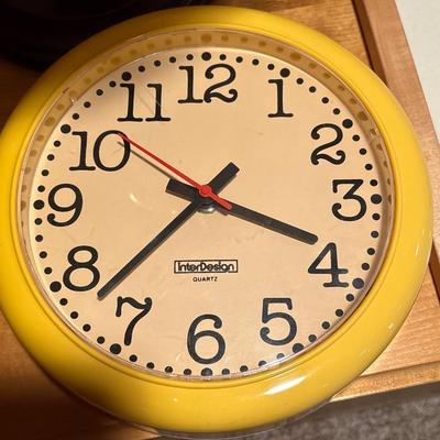 Vintage clock, lamps, wall art