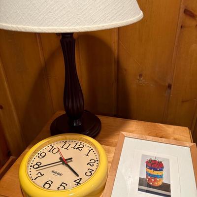 Vintage clock, lamps, wall art