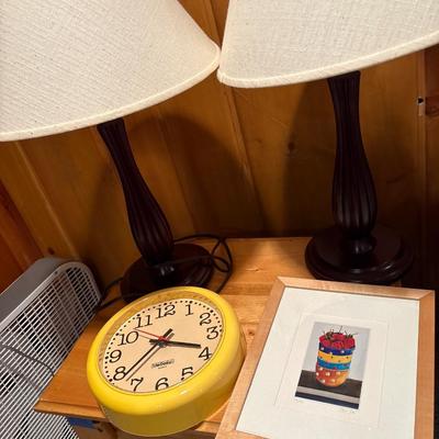 Vintage clock, lamps, wall art