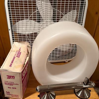 Box fan, toilet riser, grab bar
