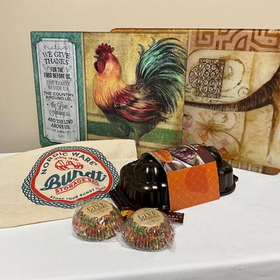 2 Glass cutting boards, pumpkin baking dish, fall muffin cups