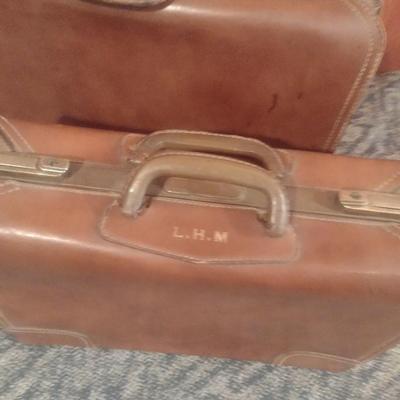 Pair of Vintage Leather Suitcases Travel Luggage