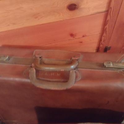 Pair of Vintage Leather Suitcases Travel Luggage