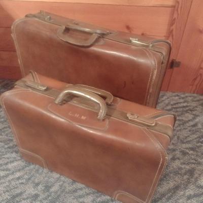Pair of Vintage Leather Suitcases Travel Luggage