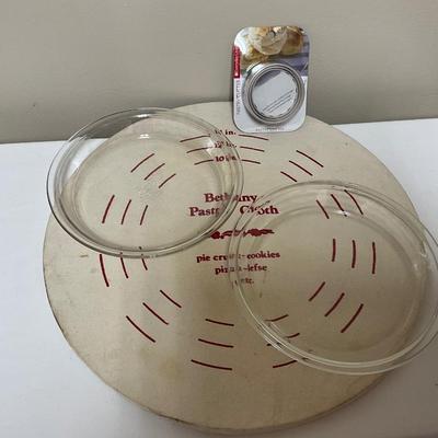 Pasty cloth w/board, 2 Pyrex pie plates, biscuit cutters