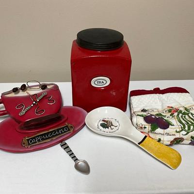 Cappuccino clock, Tea Canister towel and rooster spoon rest