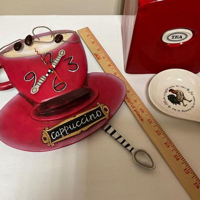 Cappuccino clock, Tea Canister towel and rooster spoon rest