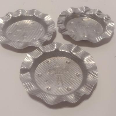 Set of Three Mid-Century Hammered Aluminum Coca-Cola Ashtrays