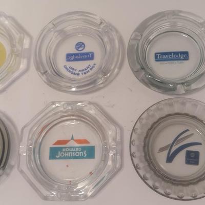 Set of 9 Vintage Hotel Advertising Glass Ashtrays Howard Johnsons, Ramada Inn, Holiday Inn, Travelodge, Others