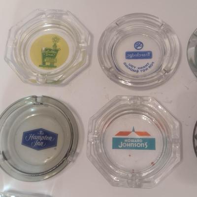 Set of 9 Vintage Hotel Advertising Glass Ashtrays Howard Johnsons, Ramada Inn, Holiday Inn, Travelodge, Others