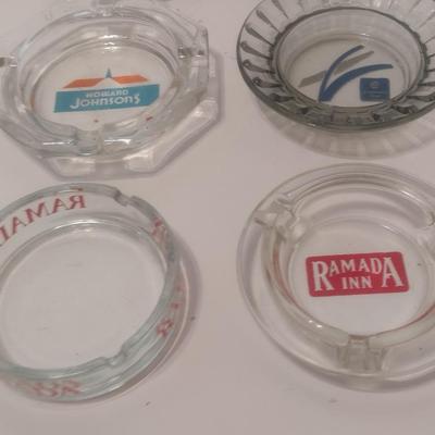 Set of 9 Vintage Hotel Advertising Glass Ashtrays Howard Johnsons, Ramada Inn, Holiday Inn, Travelodge, Others