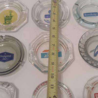 Set of 9 Vintage Hotel Advertising Glass Ashtrays Howard Johnsons, Ramada Inn, Holiday Inn, Travelodge, Others