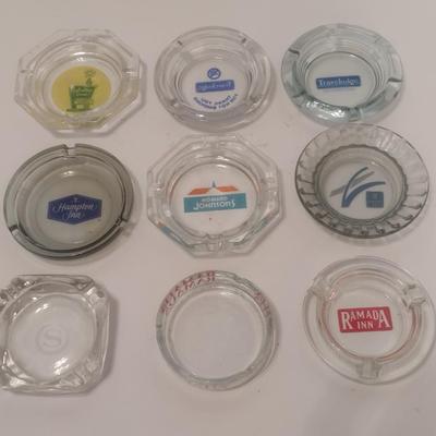 Set of 9 Vintage Hotel Advertising Glass Ashtrays Howard Johnsons, Ramada Inn, Holiday Inn, Travelodge, Others