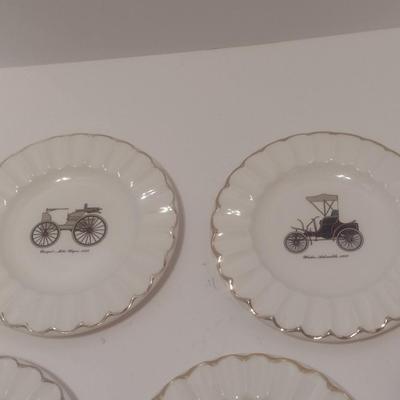 Set of Vintage Gold Rimmed Ceramic Antique Cars Emblem Ashtrays