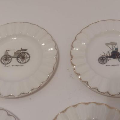 Set of Vintage Gold Rimmed Ceramic Antique Cars Emblem Ashtrays