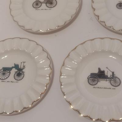Set of Vintage Gold Rimmed Ceramic Antique Cars Emblem Ashtrays
