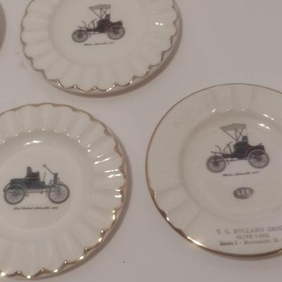 Set of Vintage Gold Rimmed Ceramic Antique Cars Emblem Ashtrays