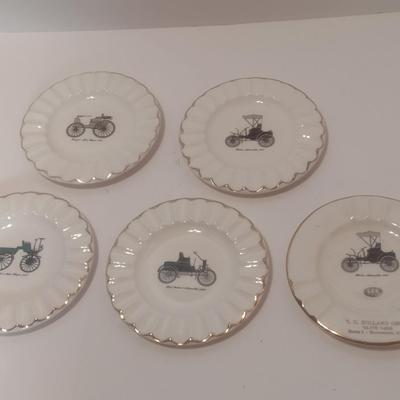 Set of Vintage Gold Rimmed Ceramic Antique Cars Emblem Ashtrays