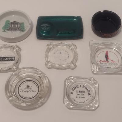 Set of 8 Vintage Advertising Glass, Ceramic, and Metal Ashtrays