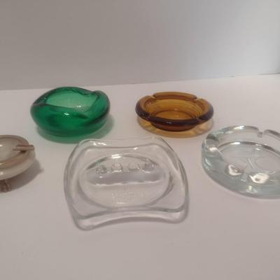 Set of 5 Vintage Ashtrays, Glass, Art Glass, Alabaster and Amber Glass