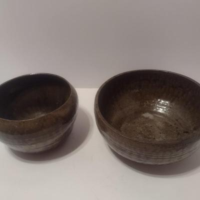 Pair of Hand Thrown Alkaline Glaze Pottery Bowls