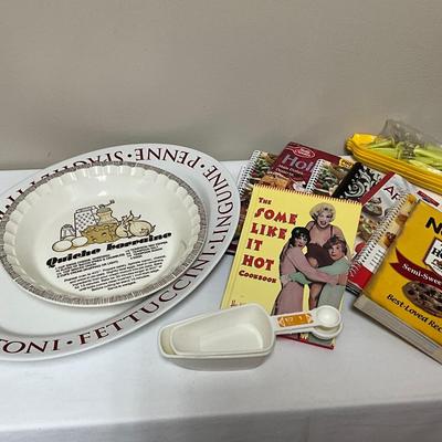 Pasta platter, Quiche Dish, Cook books, corn utensils, measuring cups