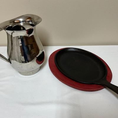 Lodge Fry pan, stainless steel pitcher