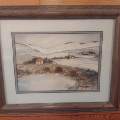 Framed Art Watercolor Country Snowscape by Paul Long