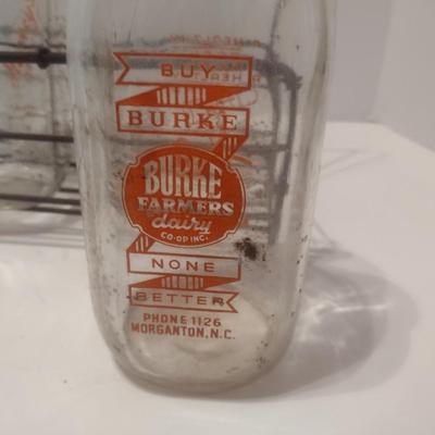 Set of Six Vintage Glass Dairy Milk Bottles and Wire Carry Caddy Includes Burke Farmers Dairy Morganton, NC and Harvey's Dairy...