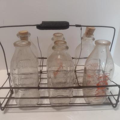 Set of Six Vintage Glass Dairy Milk Bottles and Wire Carry Caddy Includes Burke Farmers Dairy Morganton, NC and Harvey's Dairy...