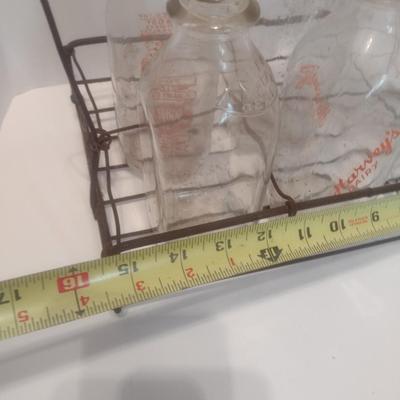 Set of Six Vintage Glass Dairy Milk Bottles and Wire Carry Caddy Includes Burke Farmers Dairy Morganton, NC and Harvey's Dairy...